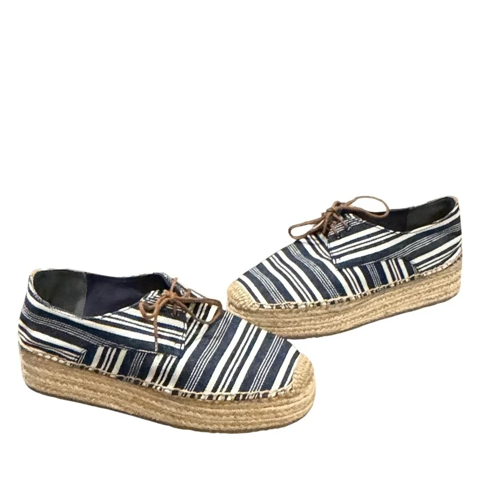 Tory Burch Florence Platform Espadrilles Women 9 Blue White Striped Canvas Shoes